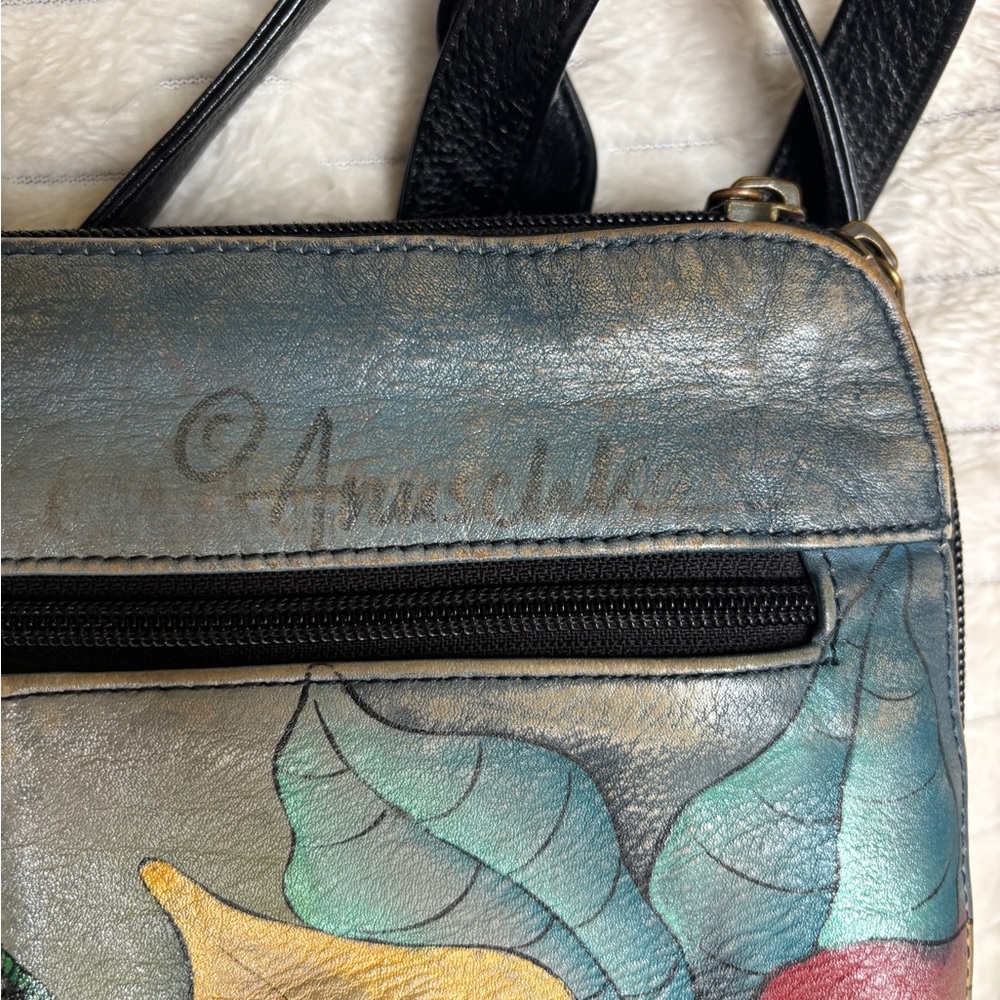 Anuschka Hand Painted Leather Floral Crossbody Organizer Antique Brass Hardware - Picture 4 of 10